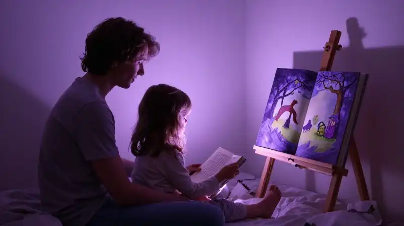 Bedtime reading with a fairy tale in a purple whimsical setting