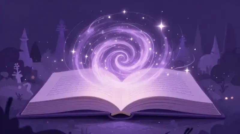 Magic purples swirling script creates a whimsical storybook landscape