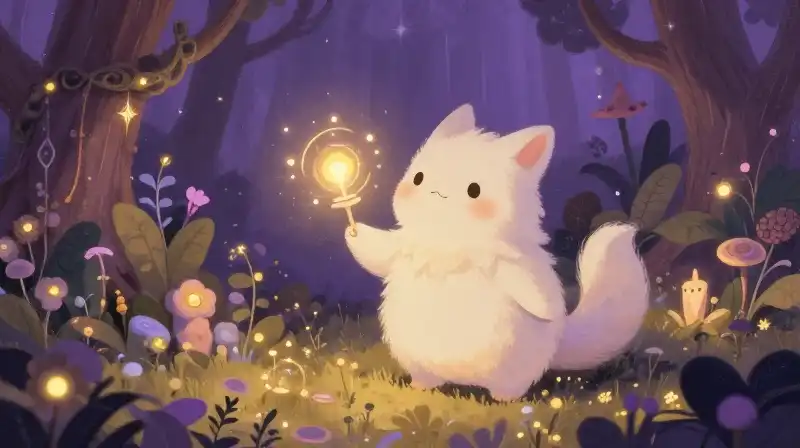 Whimsical creature with a magical horn in a glowing purple garden