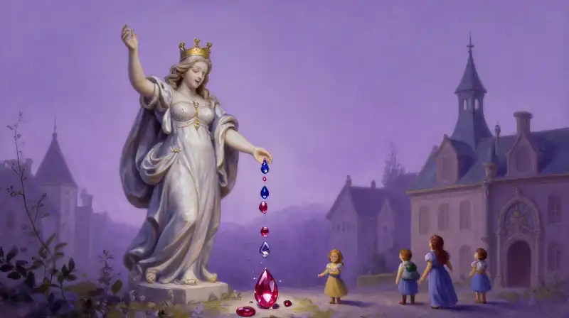 The Happy Prince giving away his jewels in a purple magical setting