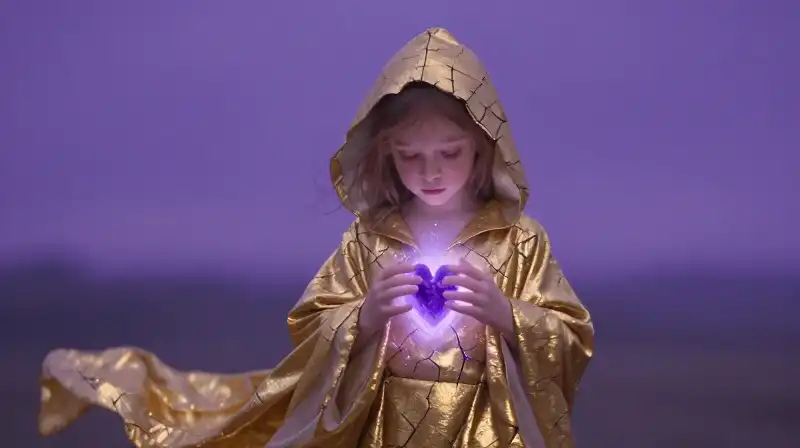 Symbolic illustration of inner virtue replacing superficial gold status in a purple twilight