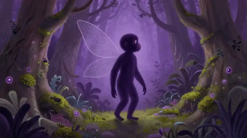 Mysterious leaf-winged fairy in an enchanted purple forest