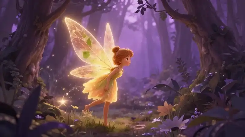 Friendly magical fairy creature in an enchanted purple forest