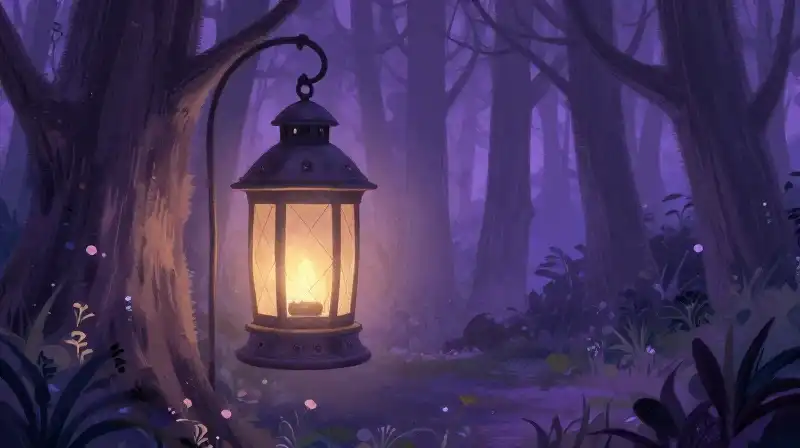 Gentle storybook scene of a glowing moral lantern in a purple forest