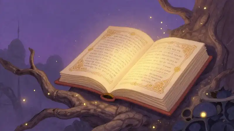 Root of modern fairy tales transforming into an illuminated storybook