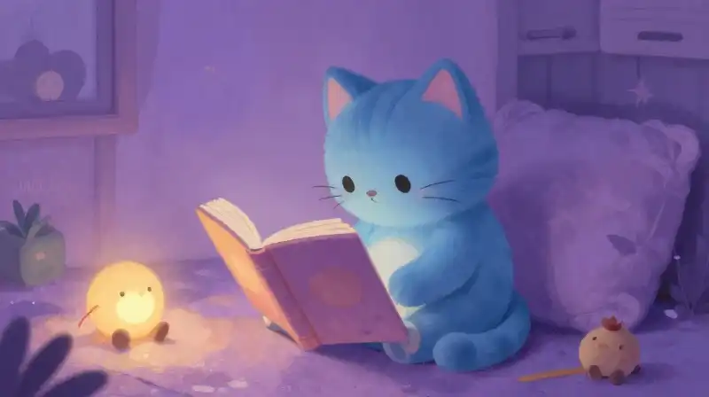 Cozy storybook scene of cat reading for a calm bedtime transition