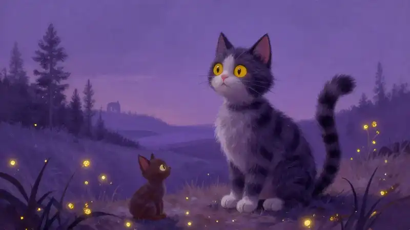 Pete the Cat in a whimsical purple twilight landscape