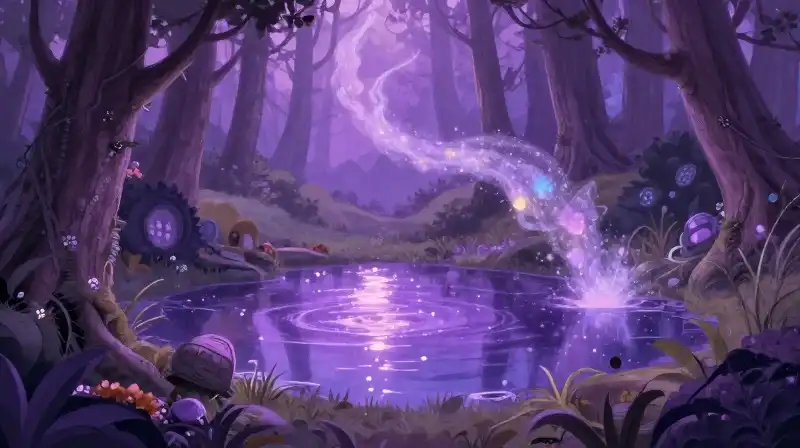 Neverland magical forest with pixie dust trail and violet lakes