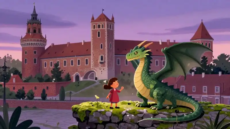 Whimsical illustration of a Polish castle and a friendly dragon in magical purple tones