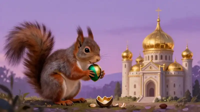 Whimsical squirrel finds treasure near a golden dome in magical purple land