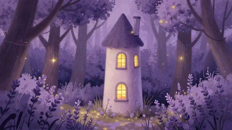 Whimsical purple tower isolated in a magical forest