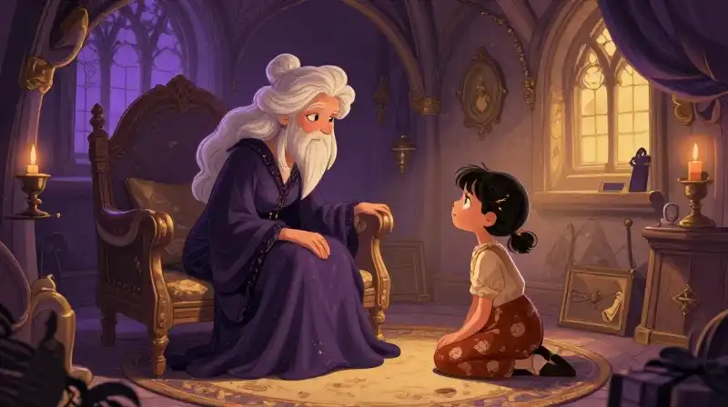Whimsical illustration of a possessive witch and a curious girl