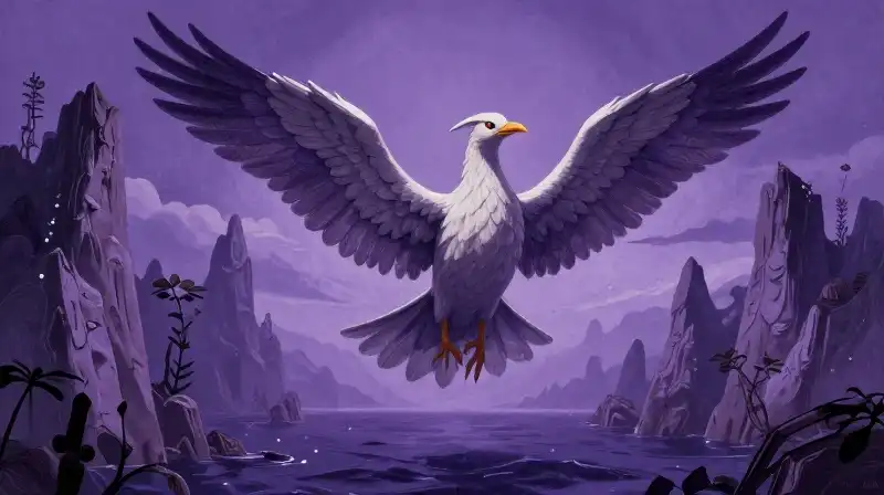 Classical siren sings on mystical purple rocky coast