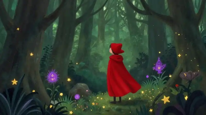 Little red hooded cloak in an enchanted purple forest