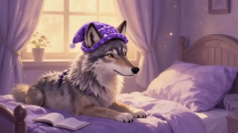 Soft wolf in nightcap in cozy purple storybook setting