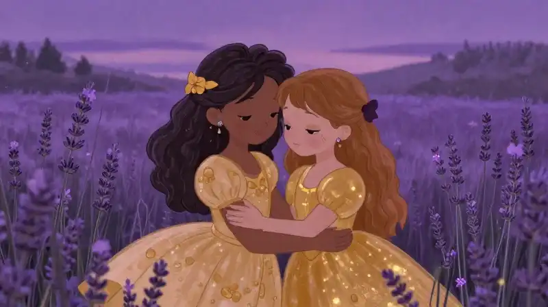 Diverse magical characters embracing in a twilight fairy tale scene