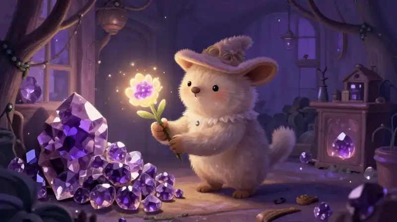 Imp choosing life over massive pile of glittering purple treasure