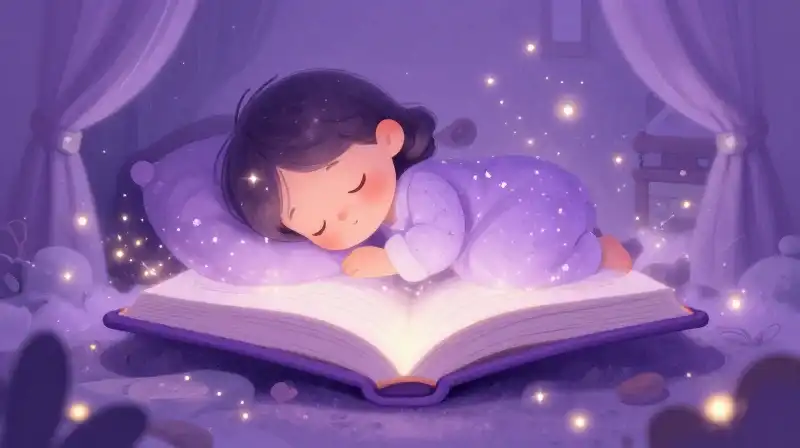 Whimsical bedtime story illustration with purple and gold tones