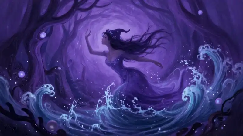 Whimsical sea witch shaped like swirling currents