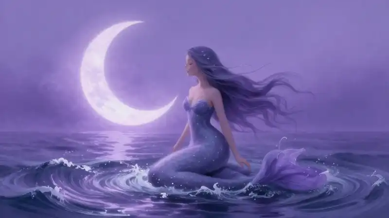 Friendly selkie witch by the magical tide in purple tones