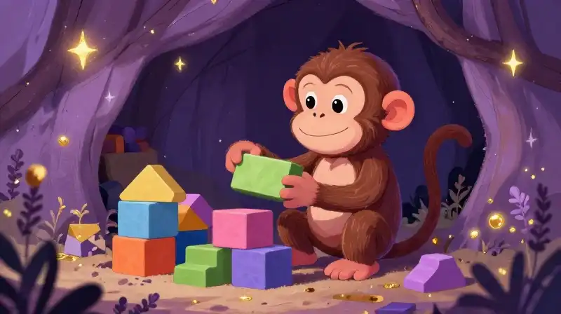 Silly monkey winding down in a cozy, magical purple storybook burrow