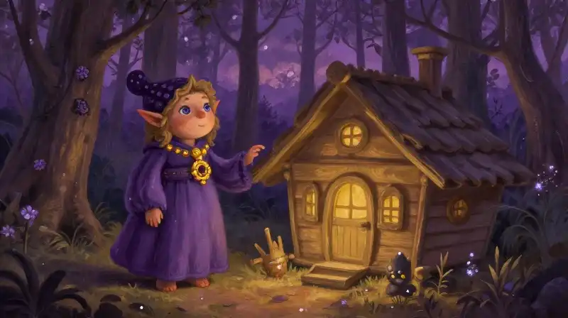 A whimsical illustration of Baba Yaga in an enchanted forest