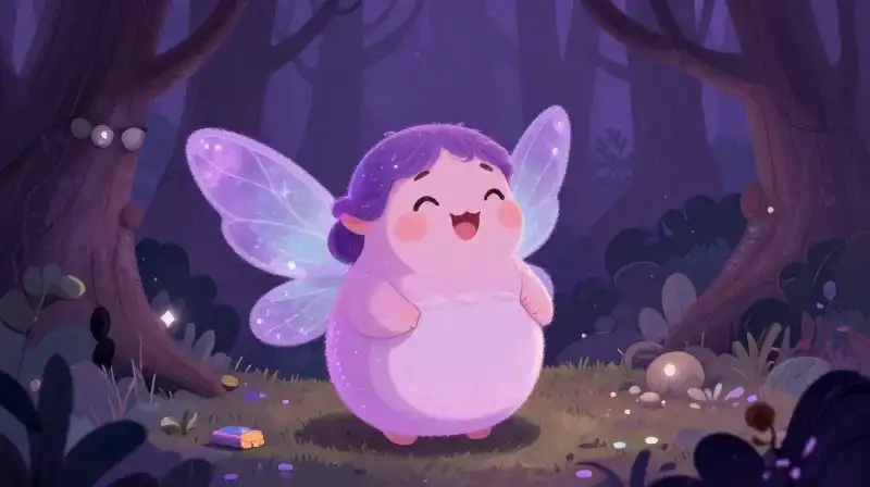 Rounded fairy in whimsical purple storybook forest