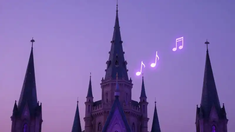 Magical lavender castle dreamscape with floating music notes
