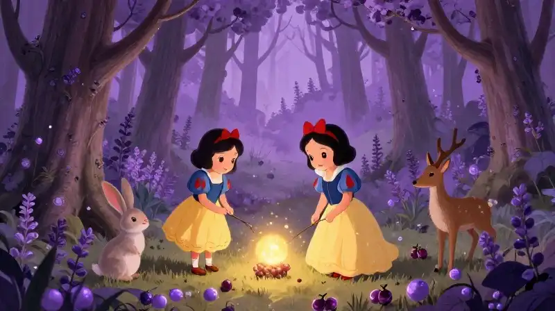 Two sisters gathering berries in an enchanted magical forest