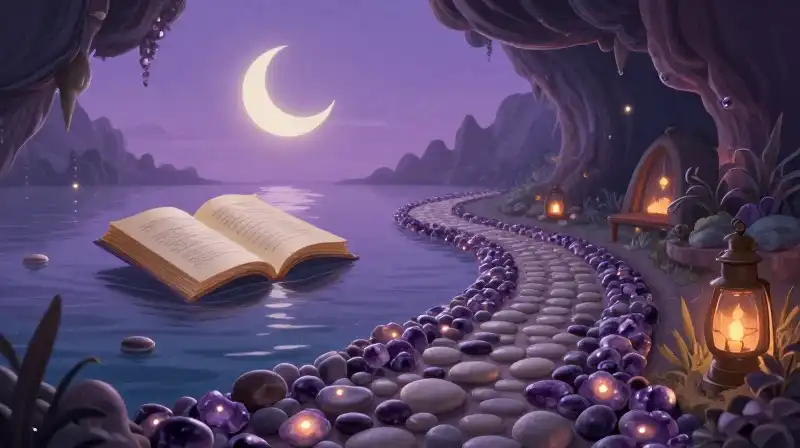 Whimsical purple story pages drifting toward a gentle moon