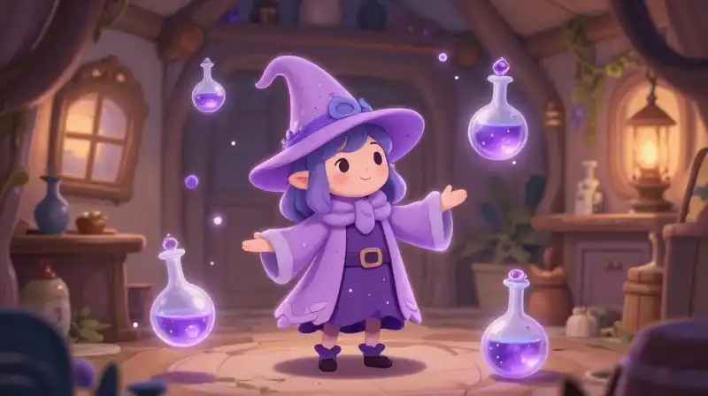 Friendly spellcaster creating magical purple chaos in a whimsical cottage
