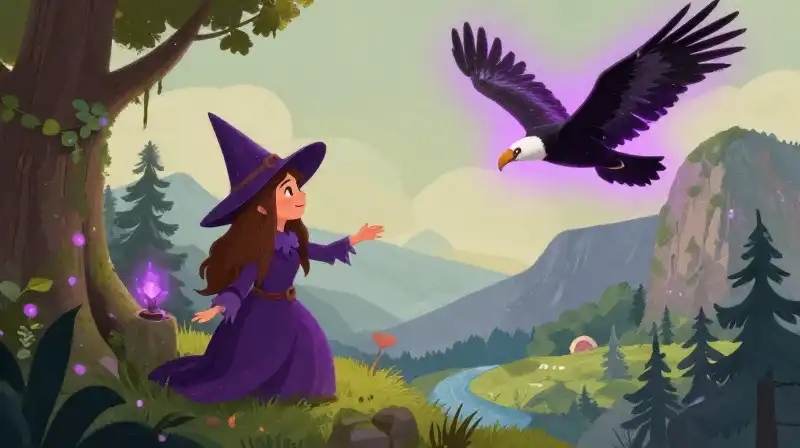 Magical witch and condor in an enchanted nature valley