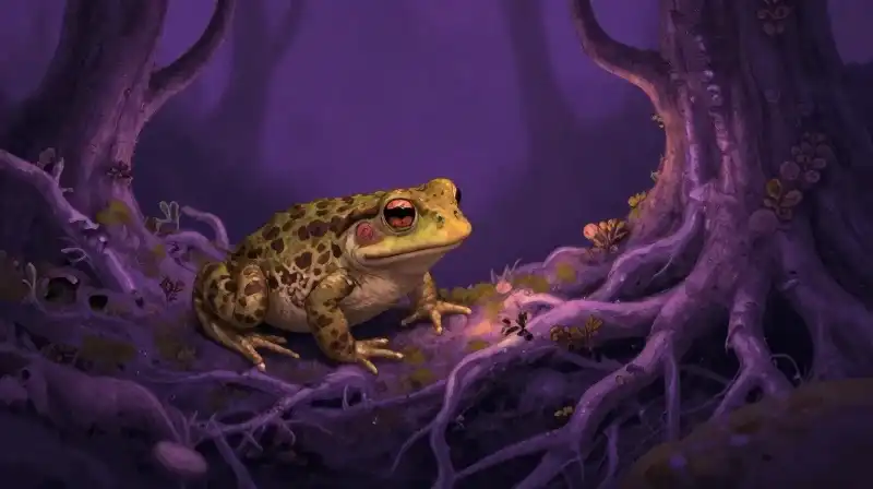 Thumbelina small, evading a large friendly toad in a whimsical garden