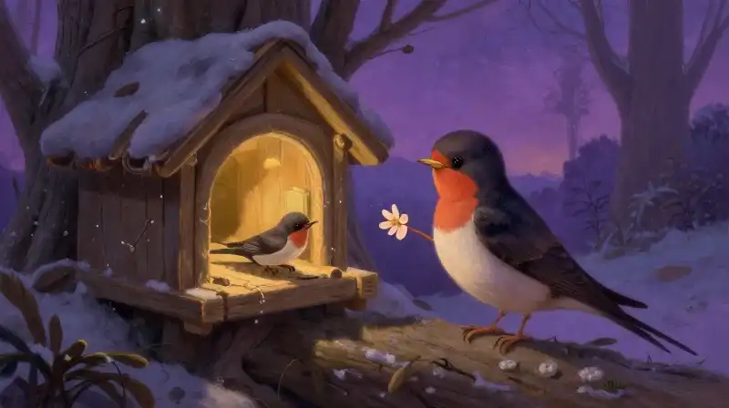 Tiny creature shows kindness to a bird in a cozy winter setting