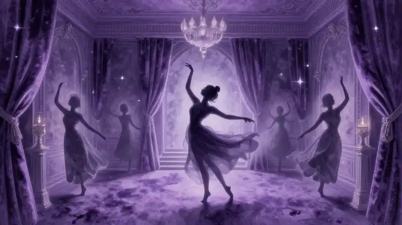 Princesses secretly dancing in a magical purple royal room