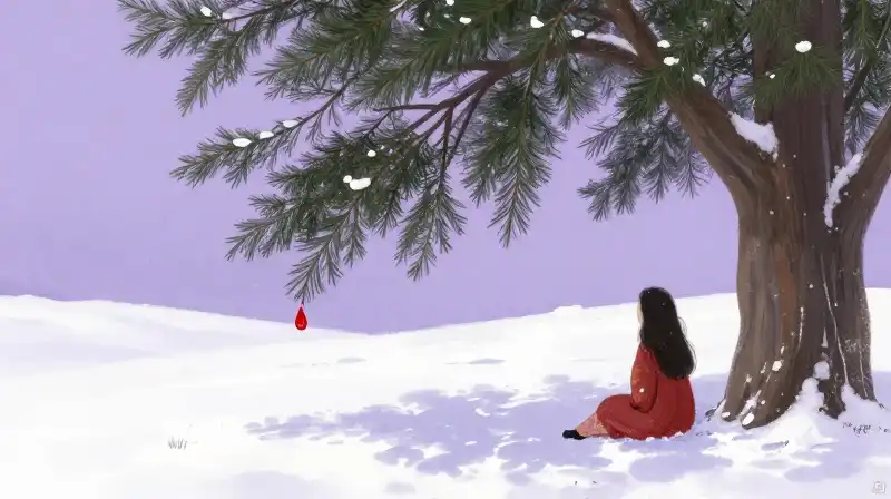 Woman wishing beneath a magical juniper tree in soft purple light