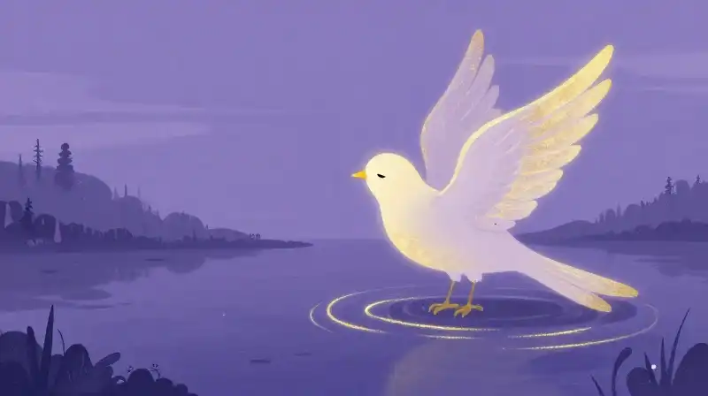 Mournful bird flying through purple enchanted woods