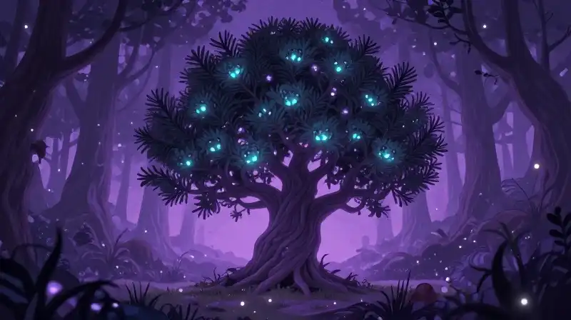 Whimsical purple forest with a magical glowing Juniper tree