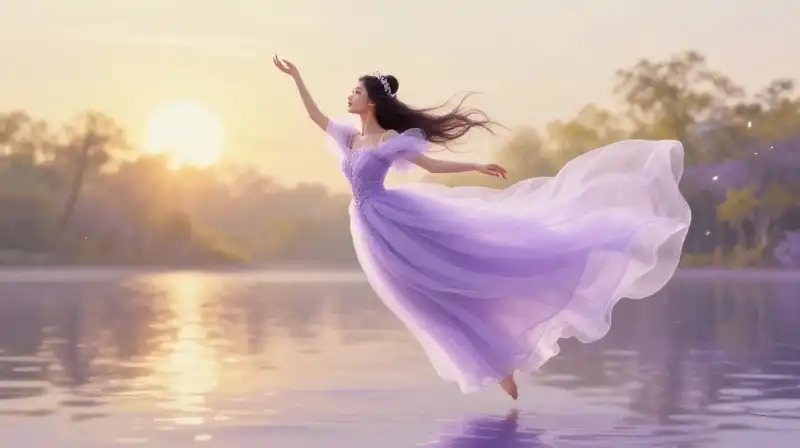 Ethereal princess floating over a magical purple lake