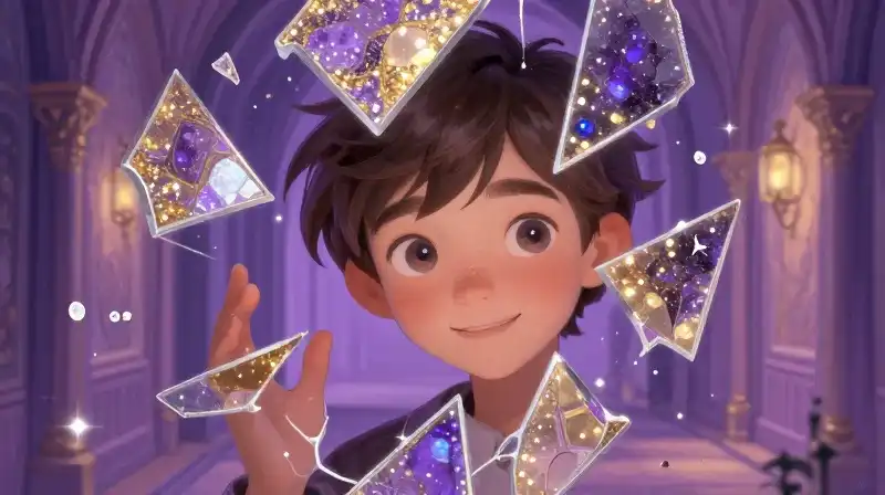 Child viewing the world through a shattered magical mirror