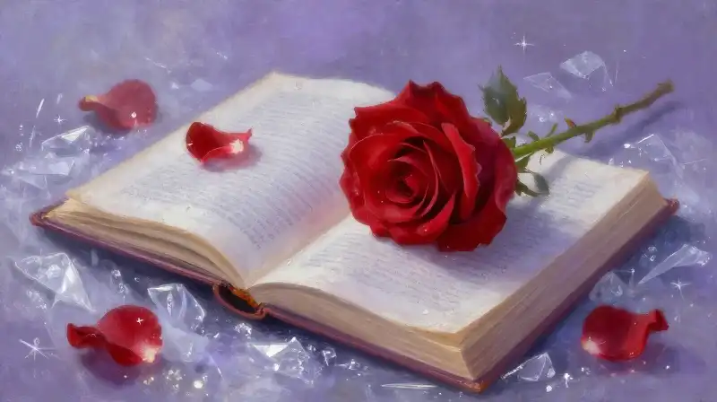Red rose on sparkling ice in a magical purple storybook setting