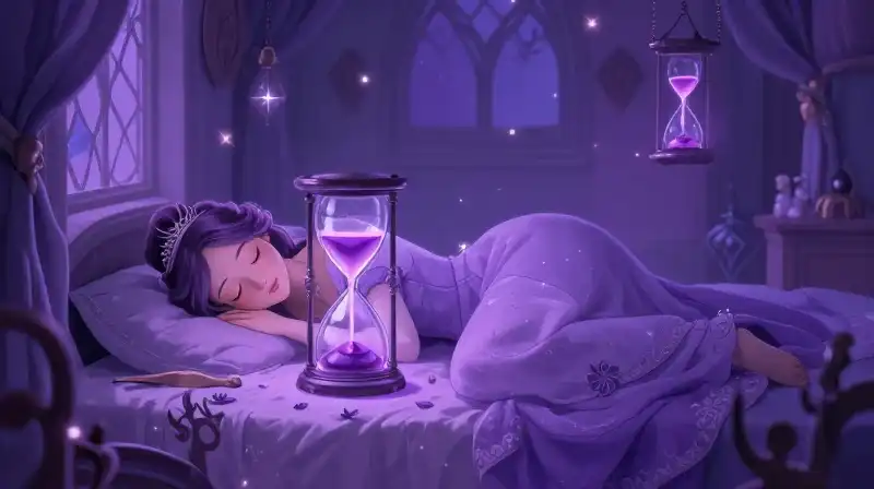 Aurora sleeps in a magical, purple, enchanting room