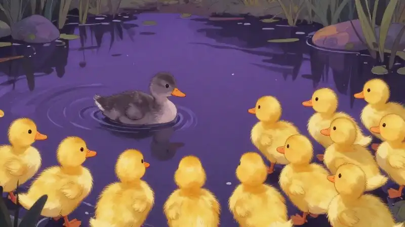 Gray duckling isolated by bright yellow ducklings in purple light