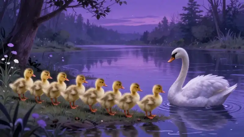 Ducklings transforming into elegant swans in a magical setting