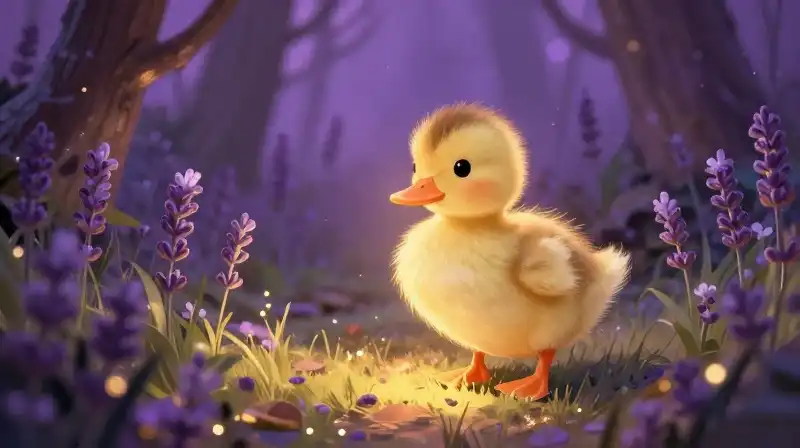 Stylized duckling finds hope in a magical purple forest
