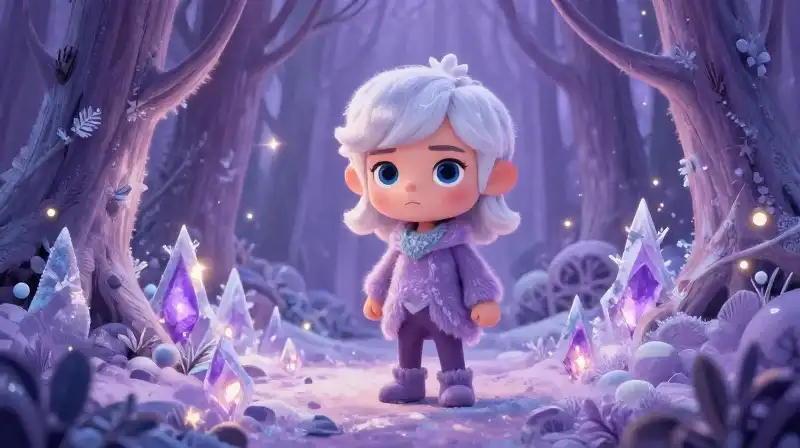 A girl searching in a magical purple ice forest