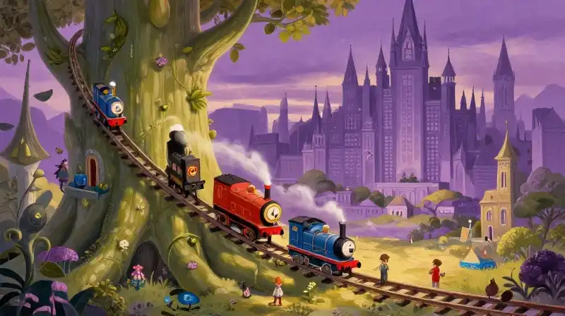 Sodor engines on a magical beanstalk leading to an enchanted city