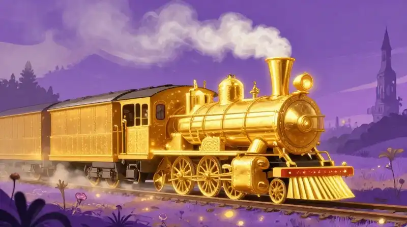 Golden engine symbolizing innate power in a whimsical purple land
