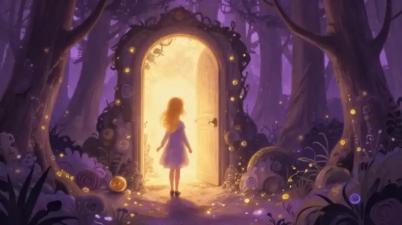 Girl with golden hair explores an enchanted purple cottage