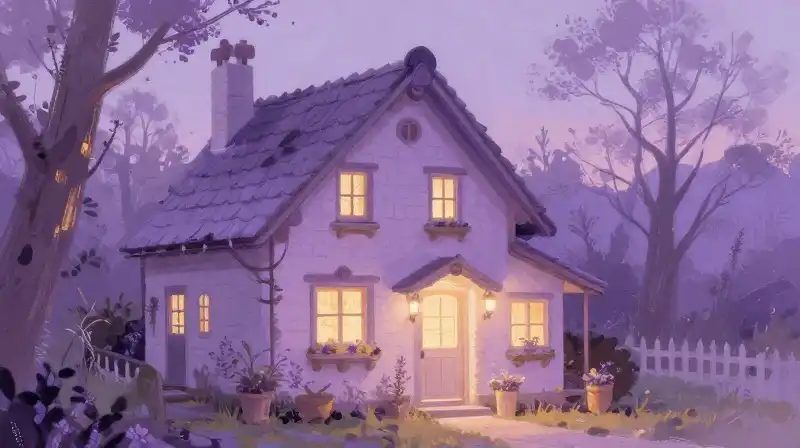 Gentle storybook illustration of a cozy lavender-hued cottage